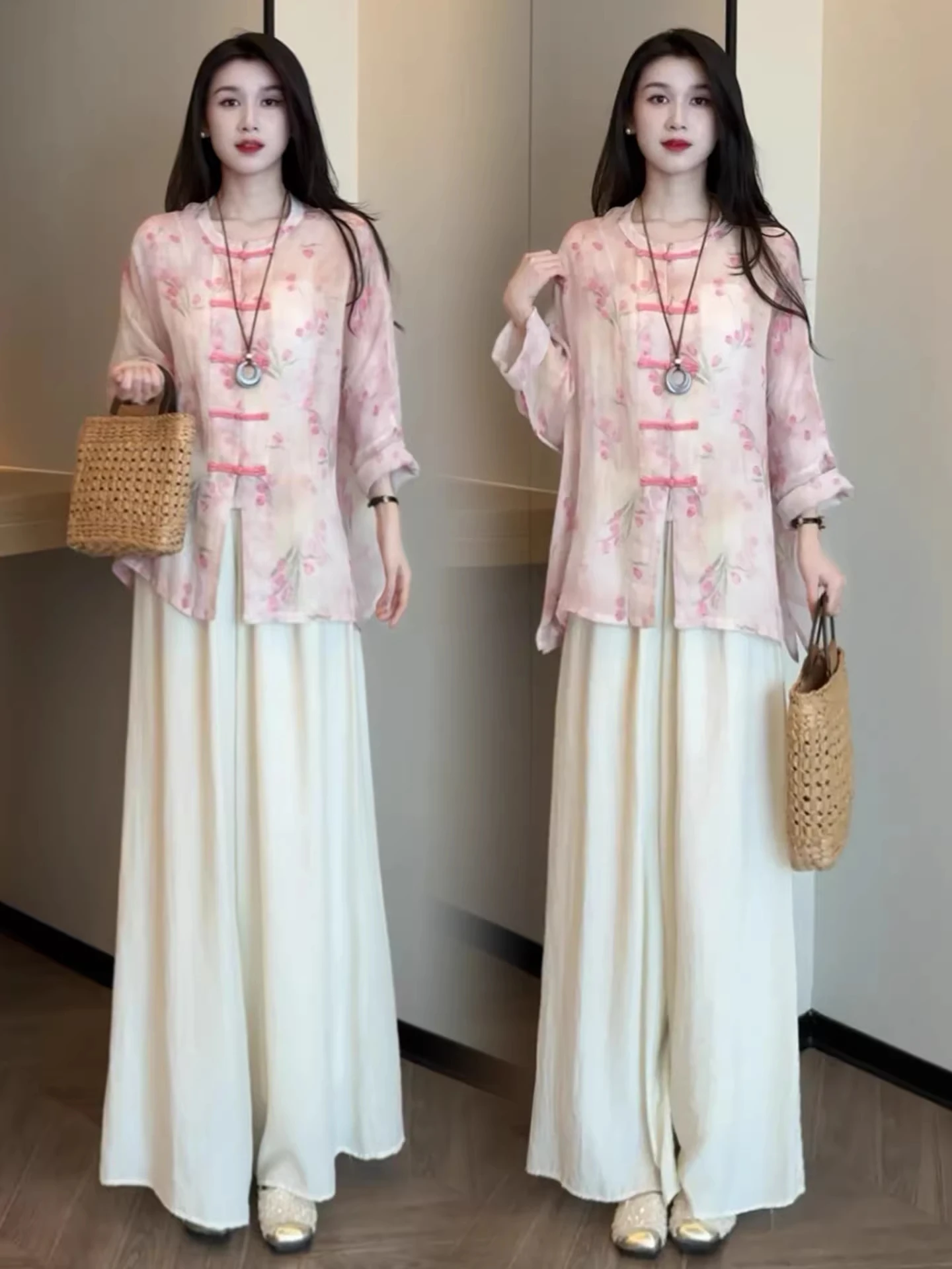 New Chinese Style Fashion Set Women's Autumn New Trendy Slimming National Style Button up Top Wide Leg Pants Two Piece Set