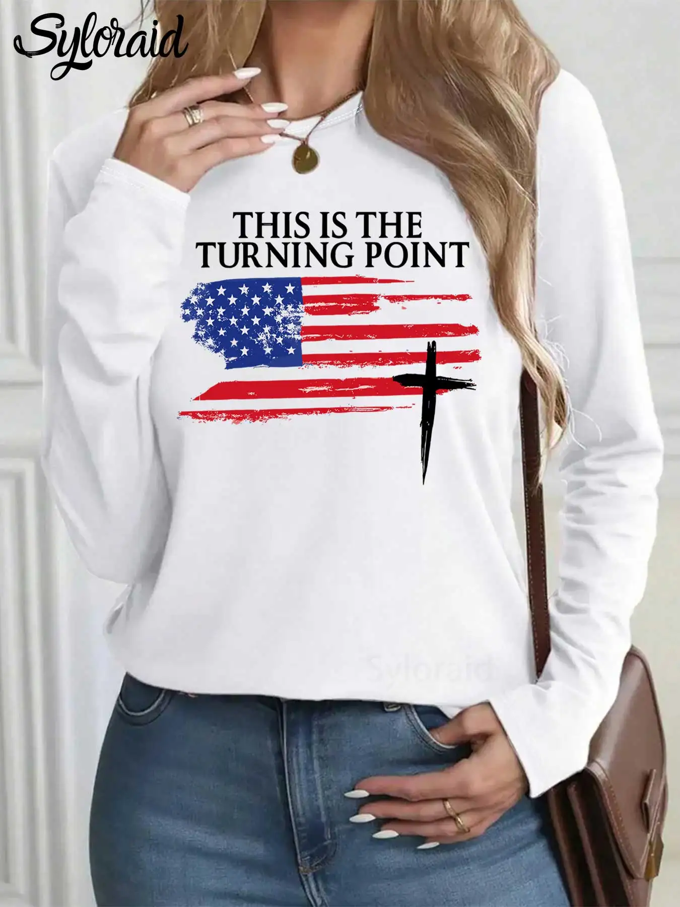 المرأة طويلة الأكمام تي شيرت تحول نقطة طباعة تي شيرت أحمر أبيض أزرق العلم الصليب قميص أزياء جولة الرقبة عارضة أعلى #1
