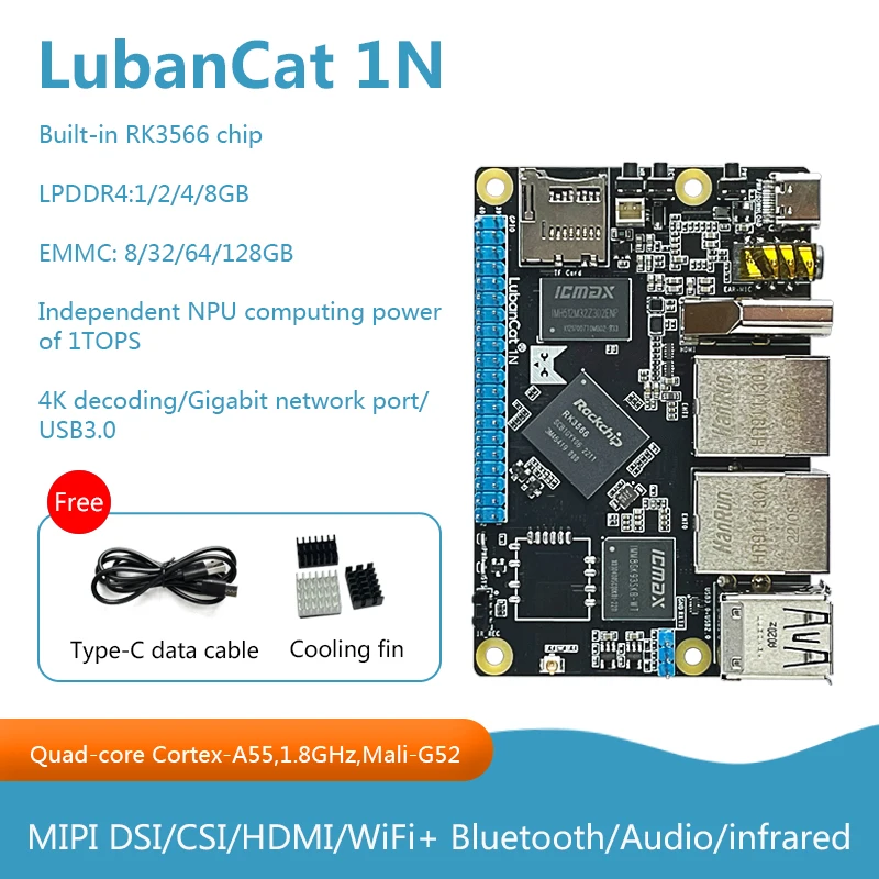 

LubanCat 1N Development Board Quad-core Cortex A55 Built-in RK3566 Chip 1TOPS NPU 4k Decoding Gigabit Network USB 3.0