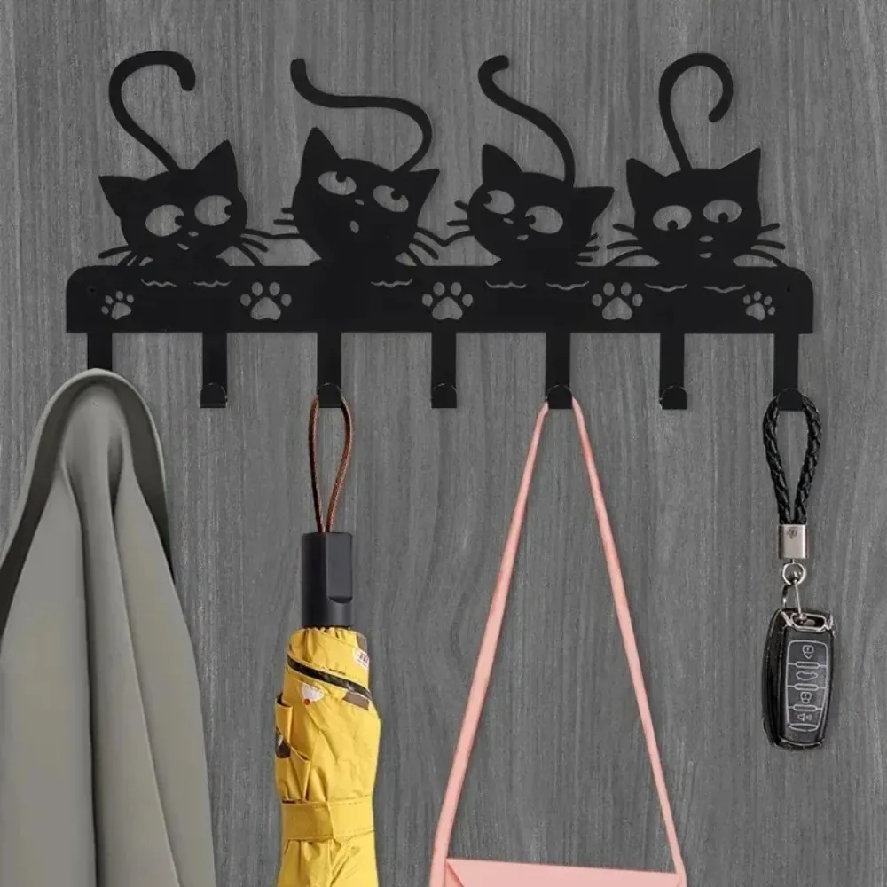 HelloYoung Black Cat Metal Wall Art Set 7 Iron Hooks Entryway Key Holder Rustic Home Decor