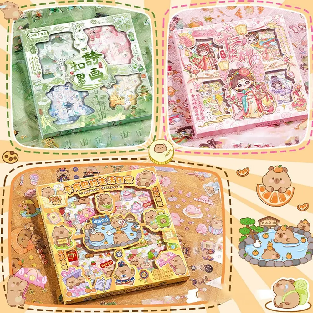 100 Sheets Trendy Non-Repeating Capybara Animal Stickers Waterproof 2024 Kids Sticker Cartoon Cute Suitcase Decal Children