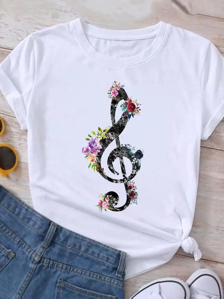 Fun and Fashionable Women's T-Shirt Paired with Note Flower Round Neck Casual Short Sleeved Regular Summer New T-Shirt