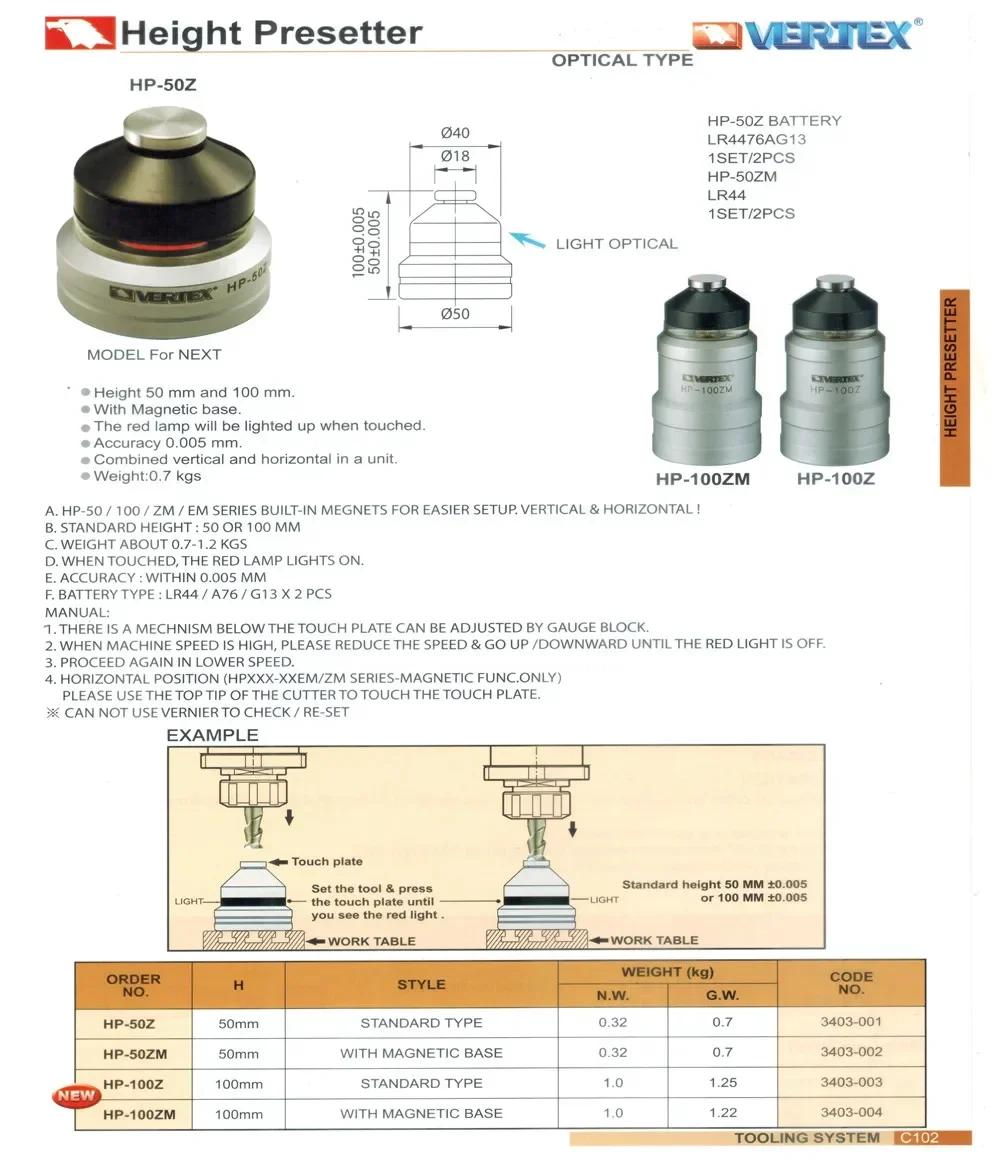

VERTEX Z Zero Setter HP-100ZM с магнитным основанием, высота 100 мм, инструмент с ЧПУ