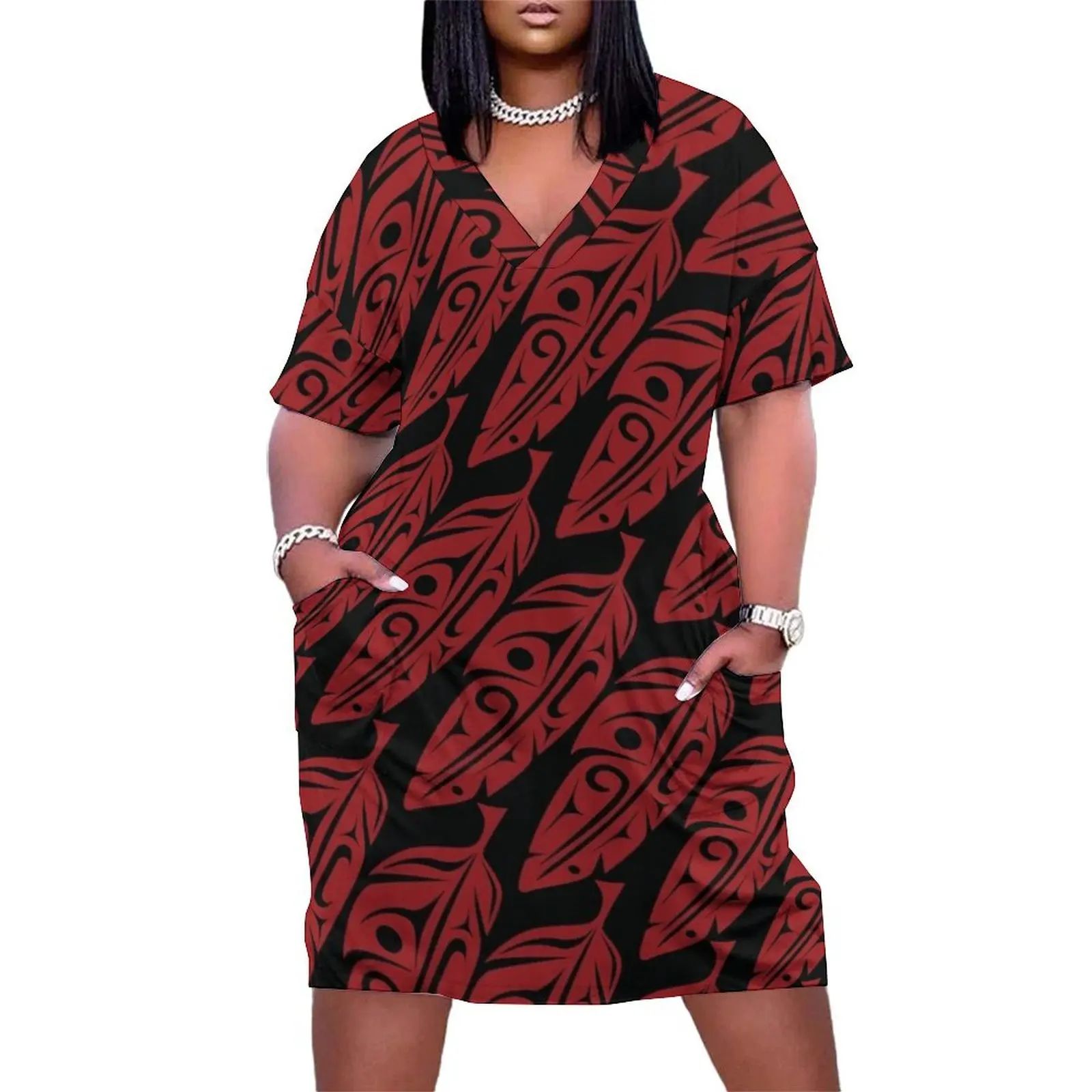 Feathers - Red - Angled Loose Pocket Dress Woman clothing birthday dresses for women