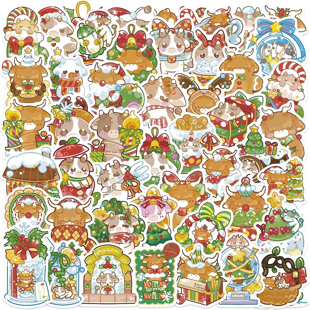 10/30/50pcs Funny Christmas Little Cow Stickers Kawaii Animal Cattle Decals Scrapbook Luggage Phone Creative Sticker Decoration