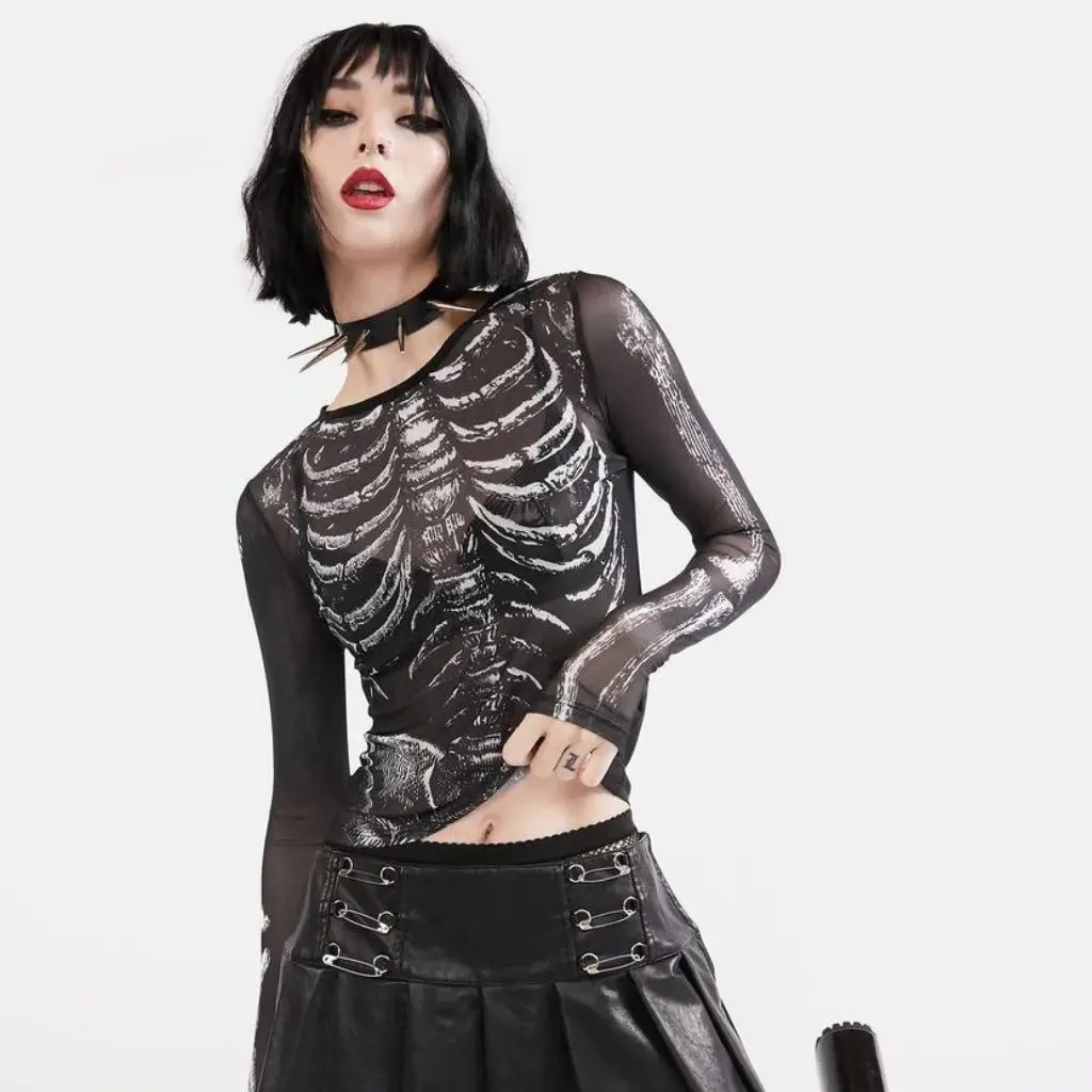 

Женский пуловер с круглым вырезом и длинными рукавами, сетчатый топ с принтом черепа, повседневный осенний стиль в европейском и американском стиле, новинка Q22TP495