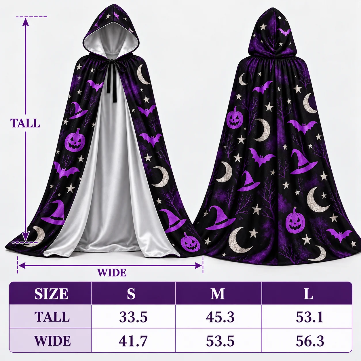 Halloween Hooded Cloak Witch Cape Adult Costume Purple Black Printed Cape for Party Magic Stage Performance Film Theater Cosplay - view 4