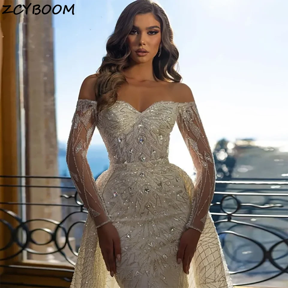 

Gorgeous Crystal Lace Appliques Mermaid Wedding Dresses 2023 Off Shoulder Detachable Court Train Tulle Bridal Gowns For Women