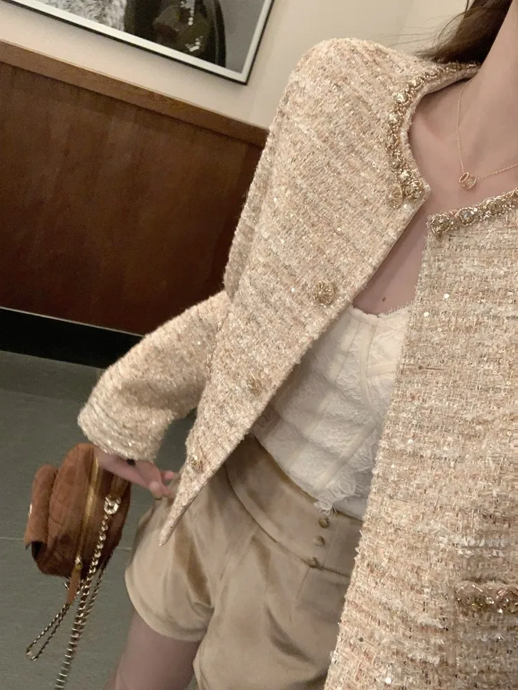 Fashion Women Autumn O-Neck Sequined Diamonds Weave Tweed Jacket Single Breasted Elegant Office Lady Slim Fit Short Outwear Coat