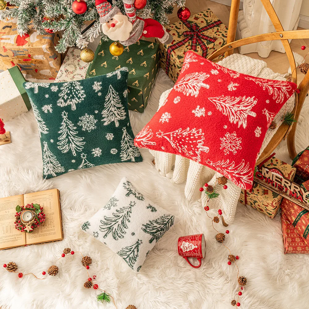 Soft Festive Christmas Tree Snowflake Chenille Throw Pillow for Sofa Living Room Home Decor Gift Idea