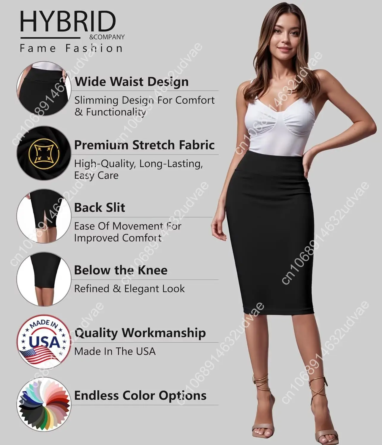 บริษัทไฮบริดผู้หญิงพรีเมี่ยมไนลอน Ponte ยืดเอวสูงชุดดินสอกระโปรงด้านล่างเข่า