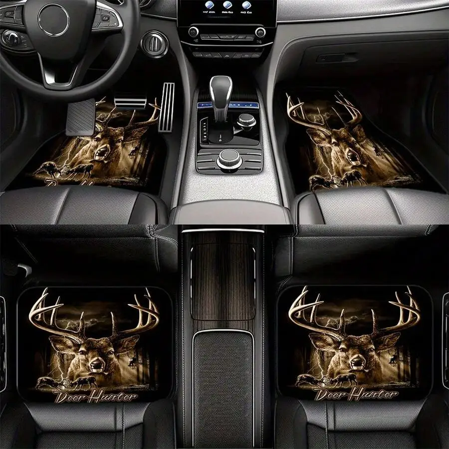 4-Piece Set Of Deer Antler Hunter Print Car Floor Mats, Suitable For Both Front And Rear Rows, Compatible With Various Car