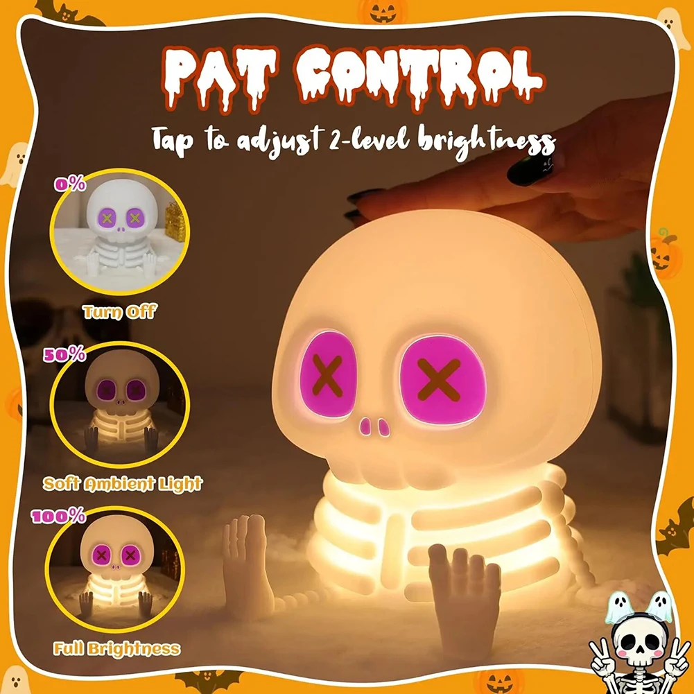 Halloween Skeleton Night Light Cute Funny Tap Activated Color Changing Spookys LED Lamp Soft Silicone Squishies Skeleton Light