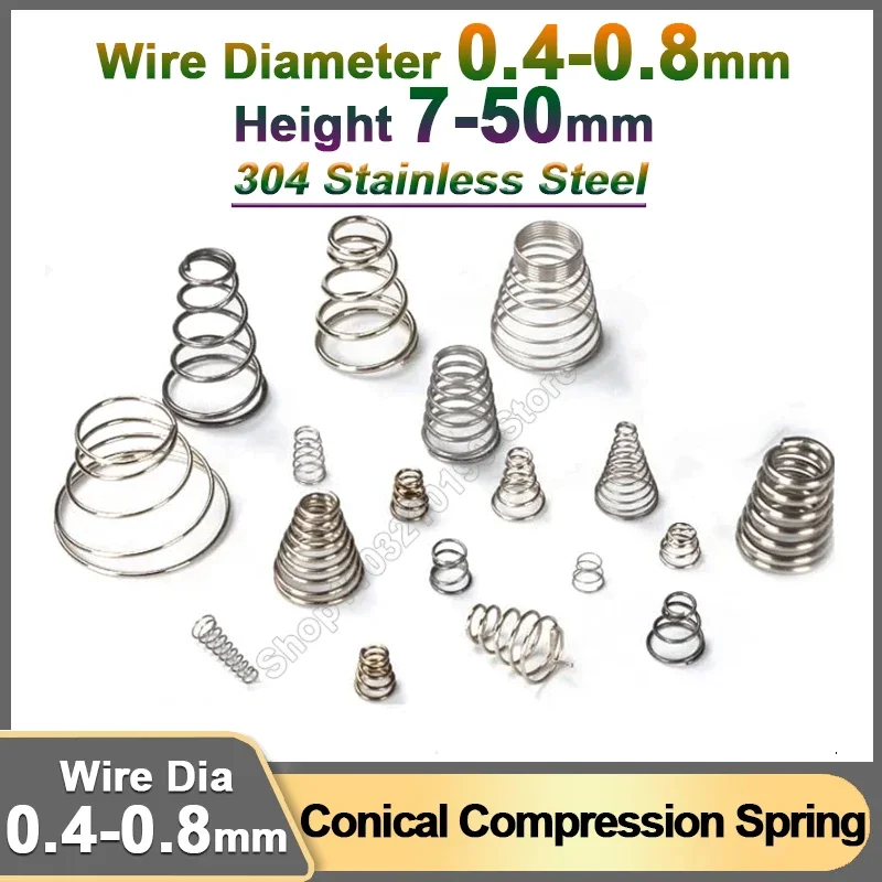 Wire Diameter 0.4 0.5 0.7 0.8mm Conical Cone Compression Spring Stainless Steel Small Taper Tower Pressure Springs Height 7-50mm