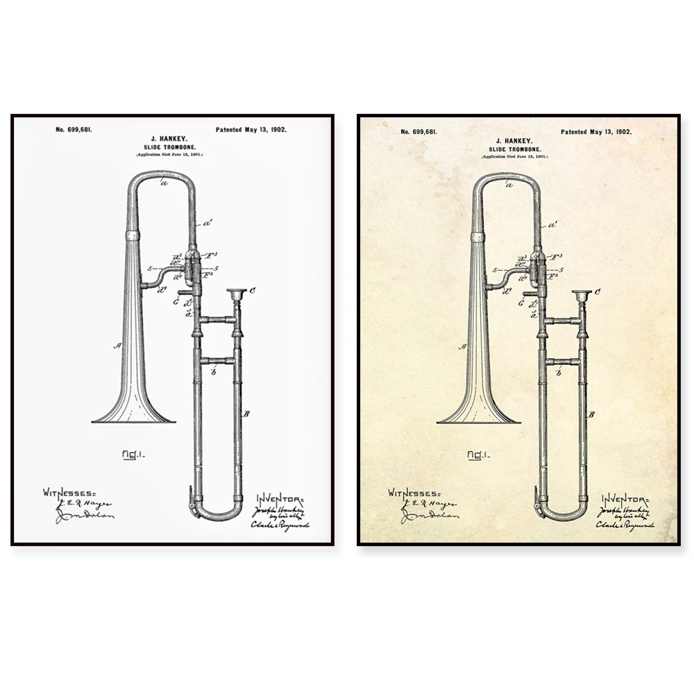 Impression de trombones brevetée. Faites glisser l'affiche de trombone. Décoration de salle de musique. Art de trombone. Cadeaux