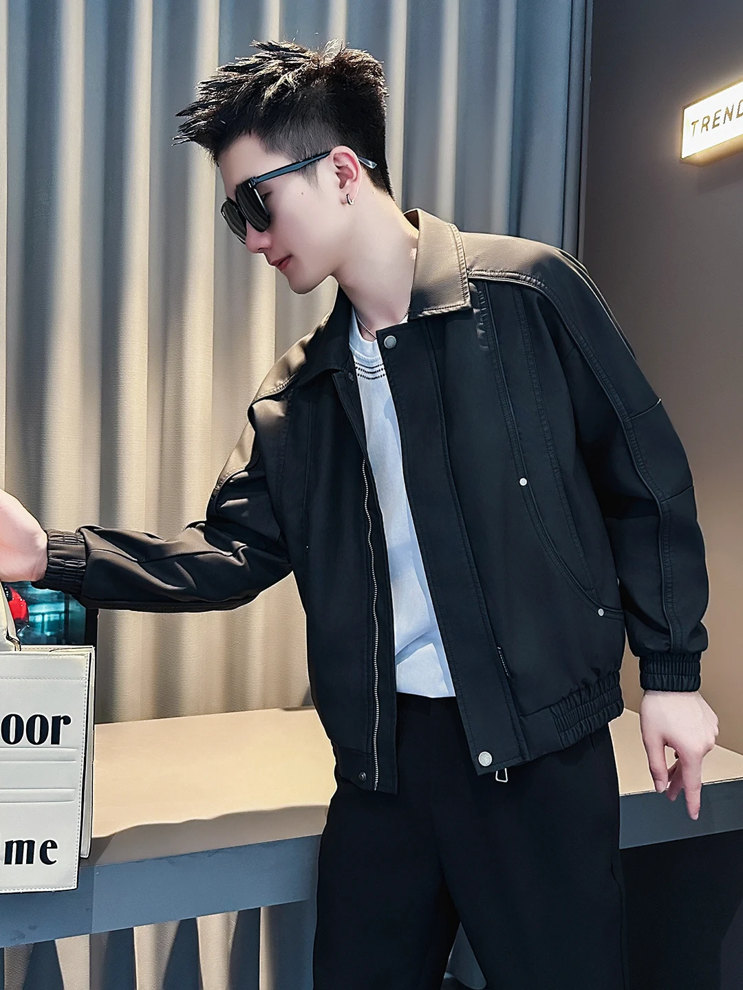 

Casual American Sle Men's PU Leather Jaet Spring Autumn Top Men's Faion High-End Feelings New Sle Leisure Coat