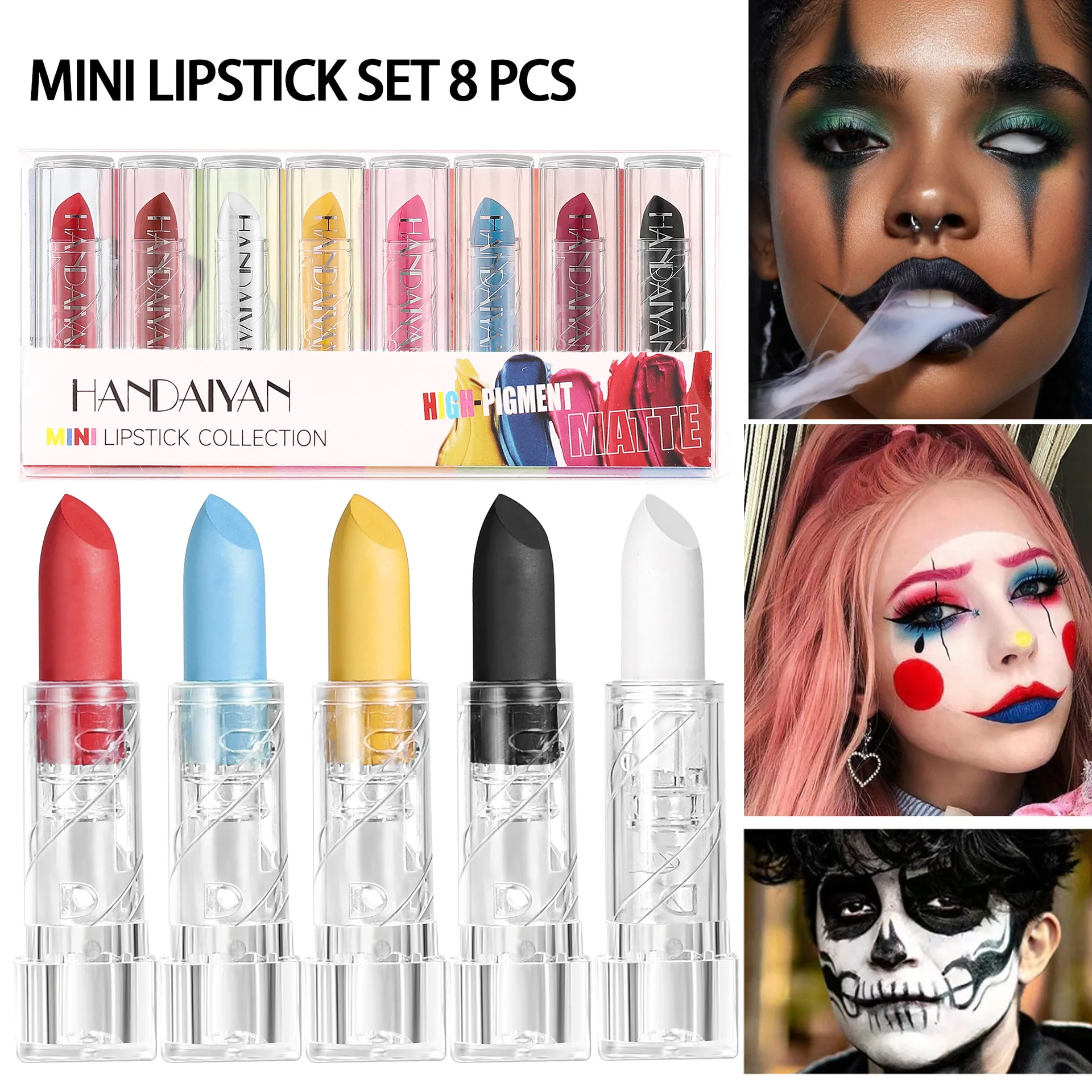 8PCS Halloween Matte Lipstick Set Dark Black Vampire Yellow Velvet Lipsticks for Face Body Painting Creative DIY Makeup Cosmetic