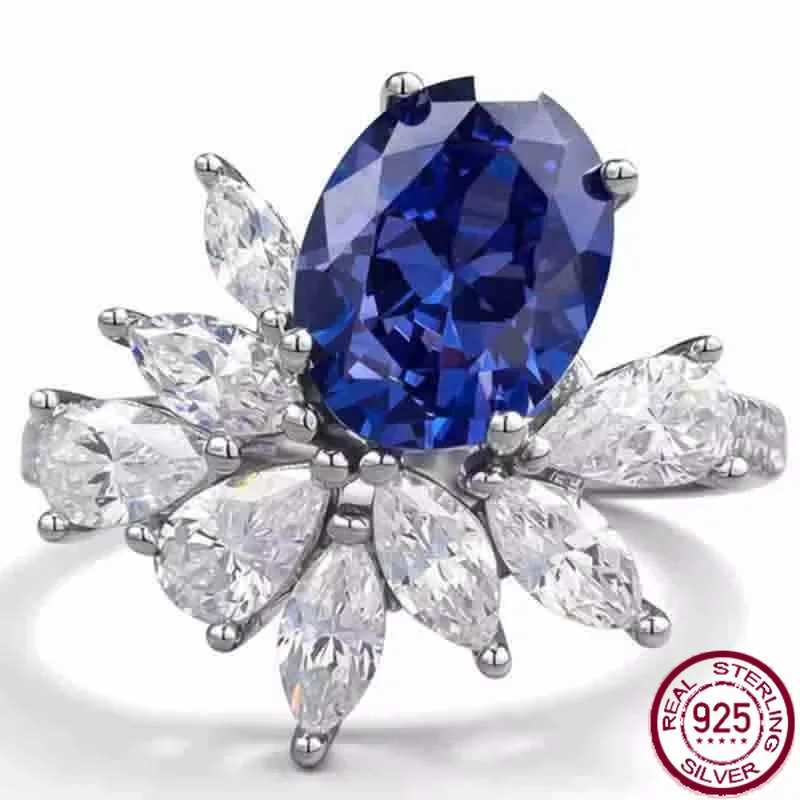 Yaranyan Vintage 100% 925 Sterling Silver 7 * 9 MM Oval Cut Lab Sapphire High Carbon Diamond Gemstone Flower Ring Fine Jewelry