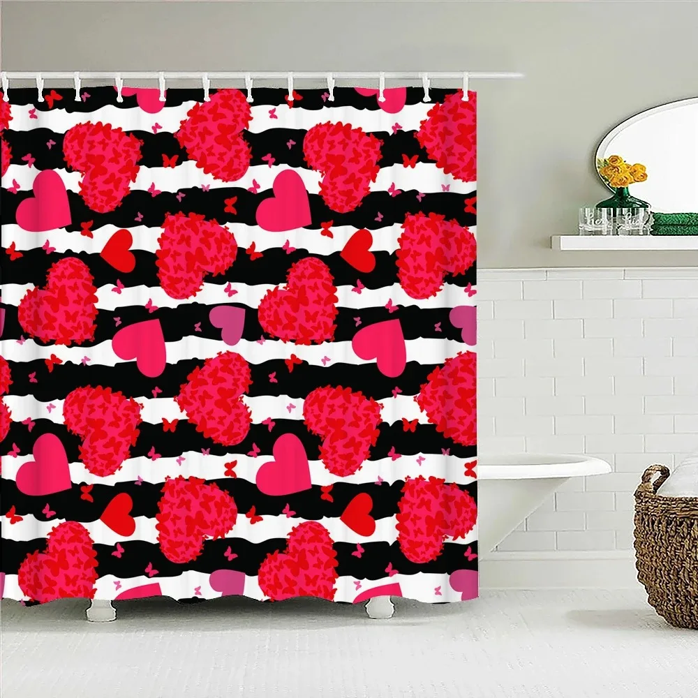 Pink Romantic Red lips love Rose Printed Fabric Shower Curtains Bath Screen Valentine's Day Waterproof Bathroom Decor with Hooks