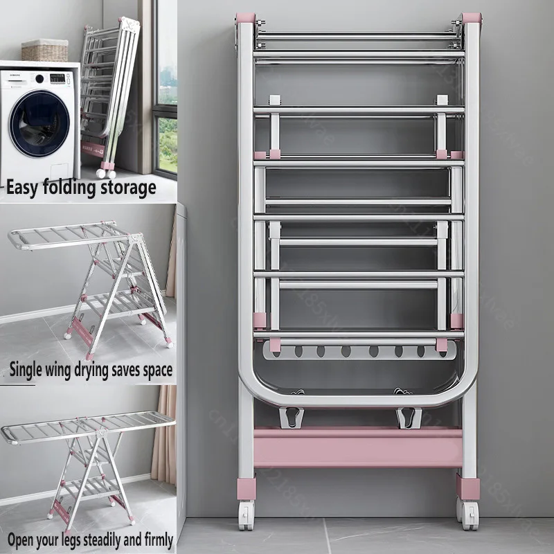 For Indoor Outdoor Balcony Laundry Airing, Stainless Steel Foldable Floor-Standing Clothes Drying Rack for Garment & Blanket