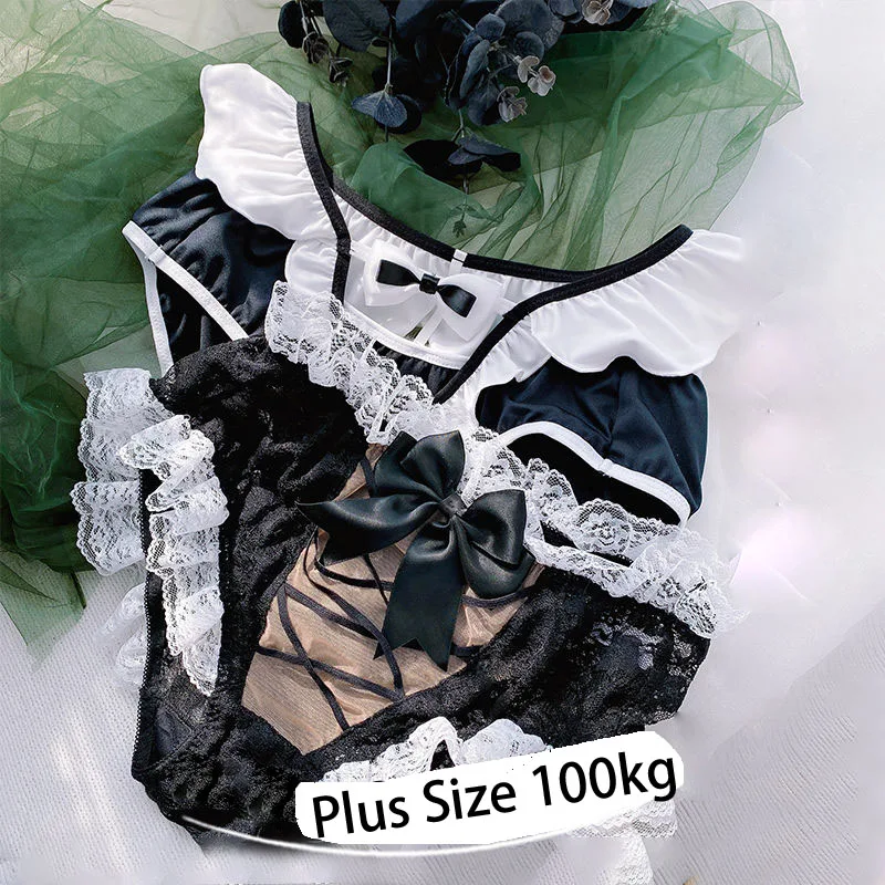 Japanese Cute Style Ruffle Lace Panties Sexy Temptation Hollow Out Furball Maid Underwear Black and White Lingerie Plus Size 3XL