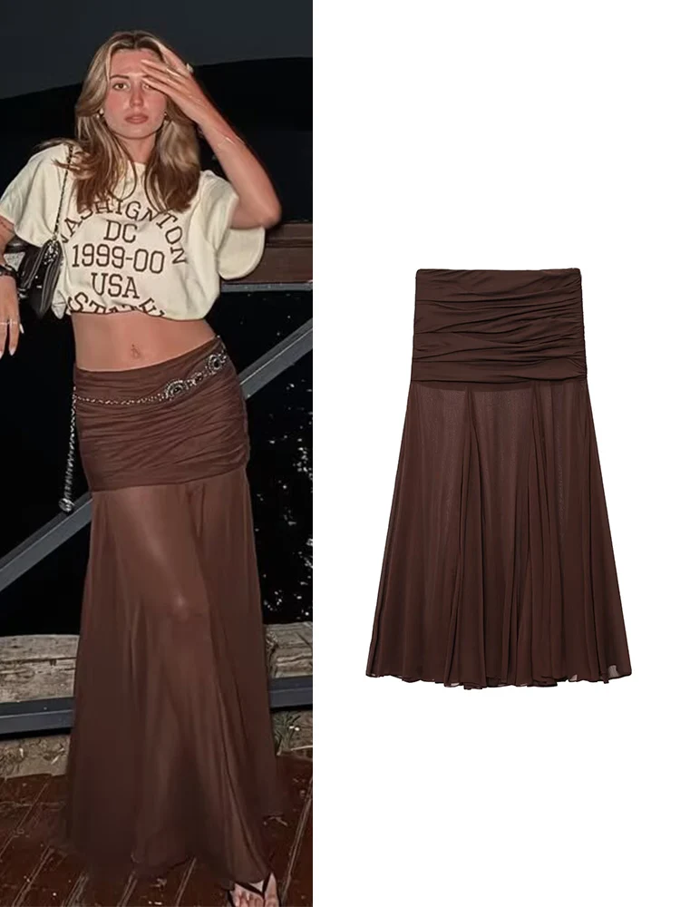 

TFMLN Chic Women Simple Translucent Long Skirts Fashion Summer Causal Folds Design Loose Skirts New Women Patchwork Skirts