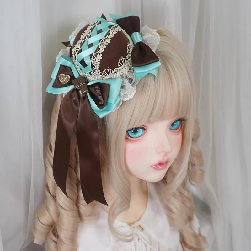 수제 로리타 민트 초콜릿 작은 모자 귀여운 KC 우아한 헤드 피스 여성 레이스 보우 헤어 액세서리 달콤한 로리타 소녀 악세사리