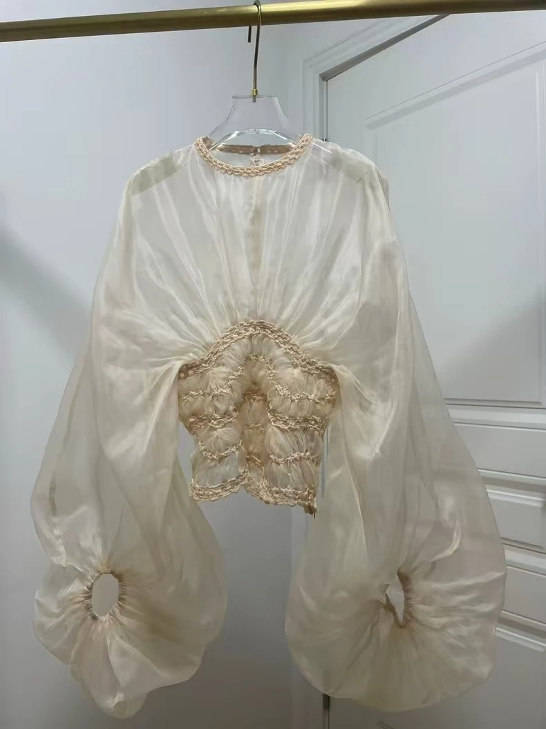 

Through Retract Waist Blouse Tops 2025 Women's Fashion Beige Lantern Sleeve Long Sleeve See