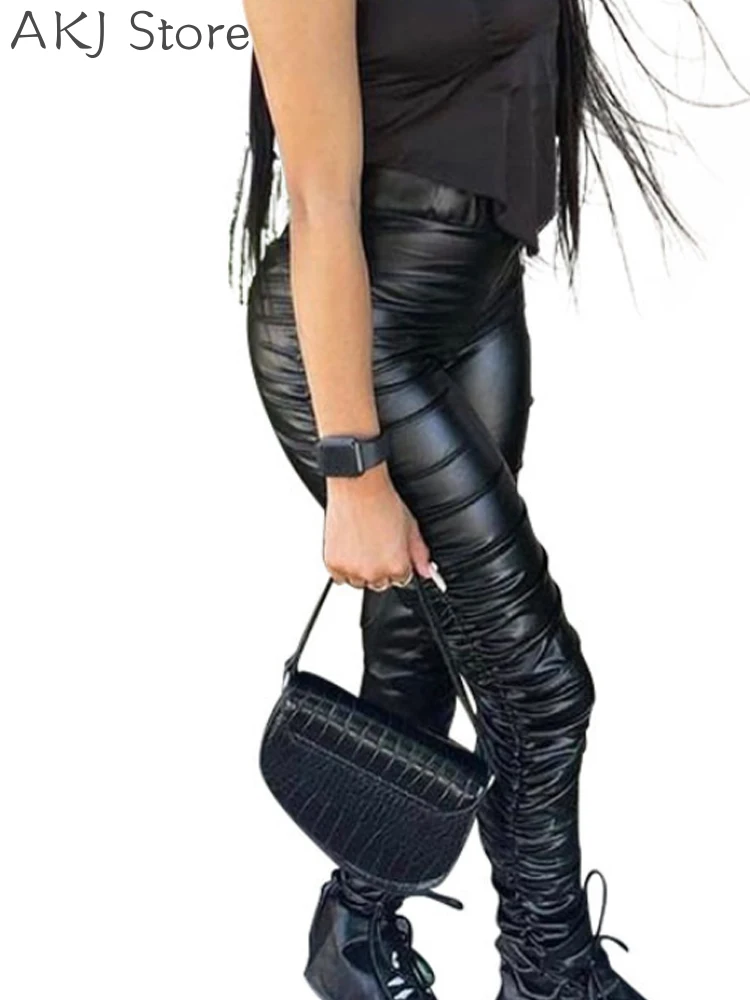 Damskie spodnie z elastyczną talią, modne, marszczone spodnie z PU