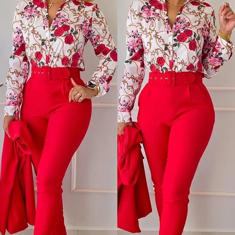 Women Printed Two-piece Set, Long Sleeved Shirt With Pointed Collar And Pants, Work Clothes With Belt Elegant, Spring And Autumn