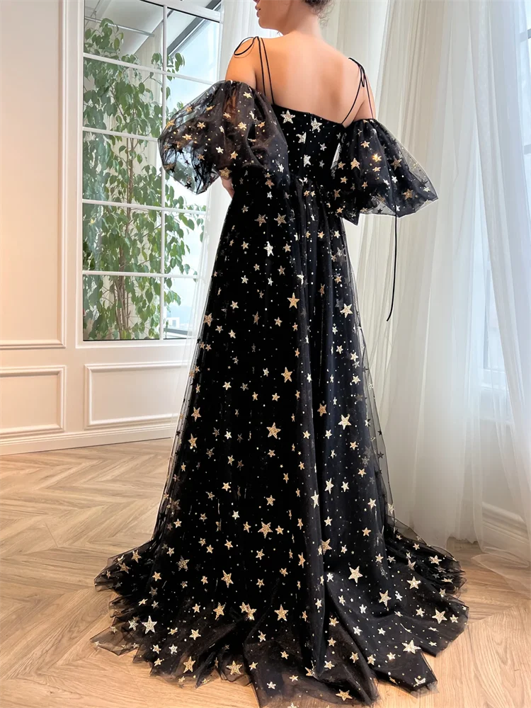 15187# 100% Customzied Black Stars Tulle A-line Evening Dress For Women Engagement Party Gown With Side Split 2024