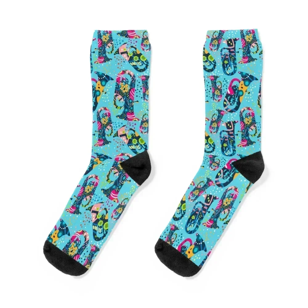 Festival of Tumbling Floral Tubas Repeat Pattern Socks Antiskid soccer Rugby japanese fashion Socks Women's Men's