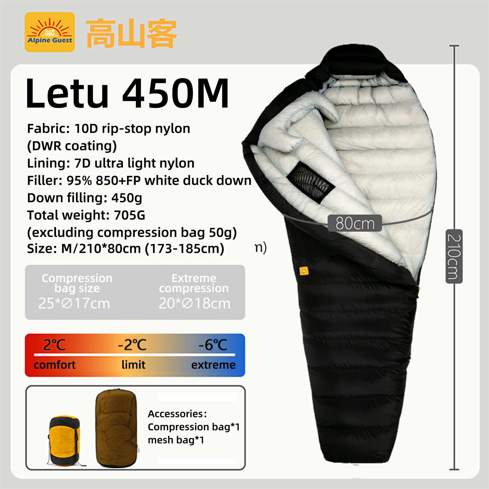 Alpine Guest 7D/10D Nylon 850FP saco de dormir de plumón de pato blanco ultraligero adulto al aire libre momia saco de dormir sin olor S/M/L
