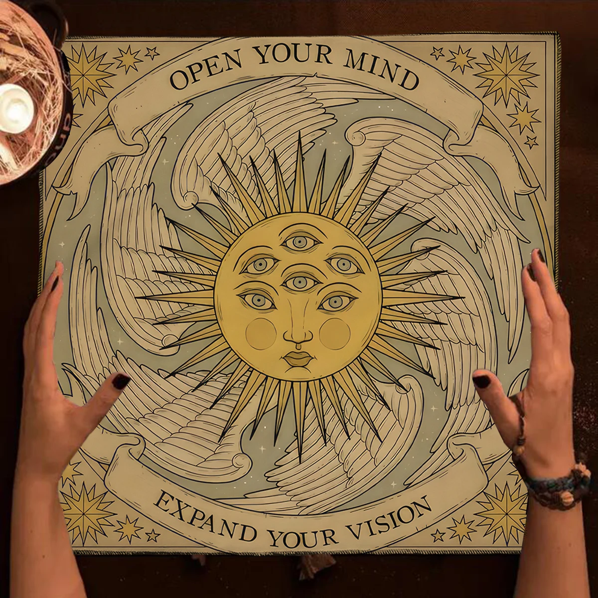 50/75/110/137cm Tarot mat Mysterious Sun With Eyes Altar Cloth Tarot Card Tablecloth Tarot Mat Wings Stars Design Divination