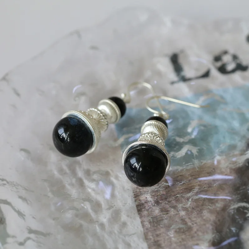 Black agate round earrings for female simple minority design ethnic style 925 silver ear needle