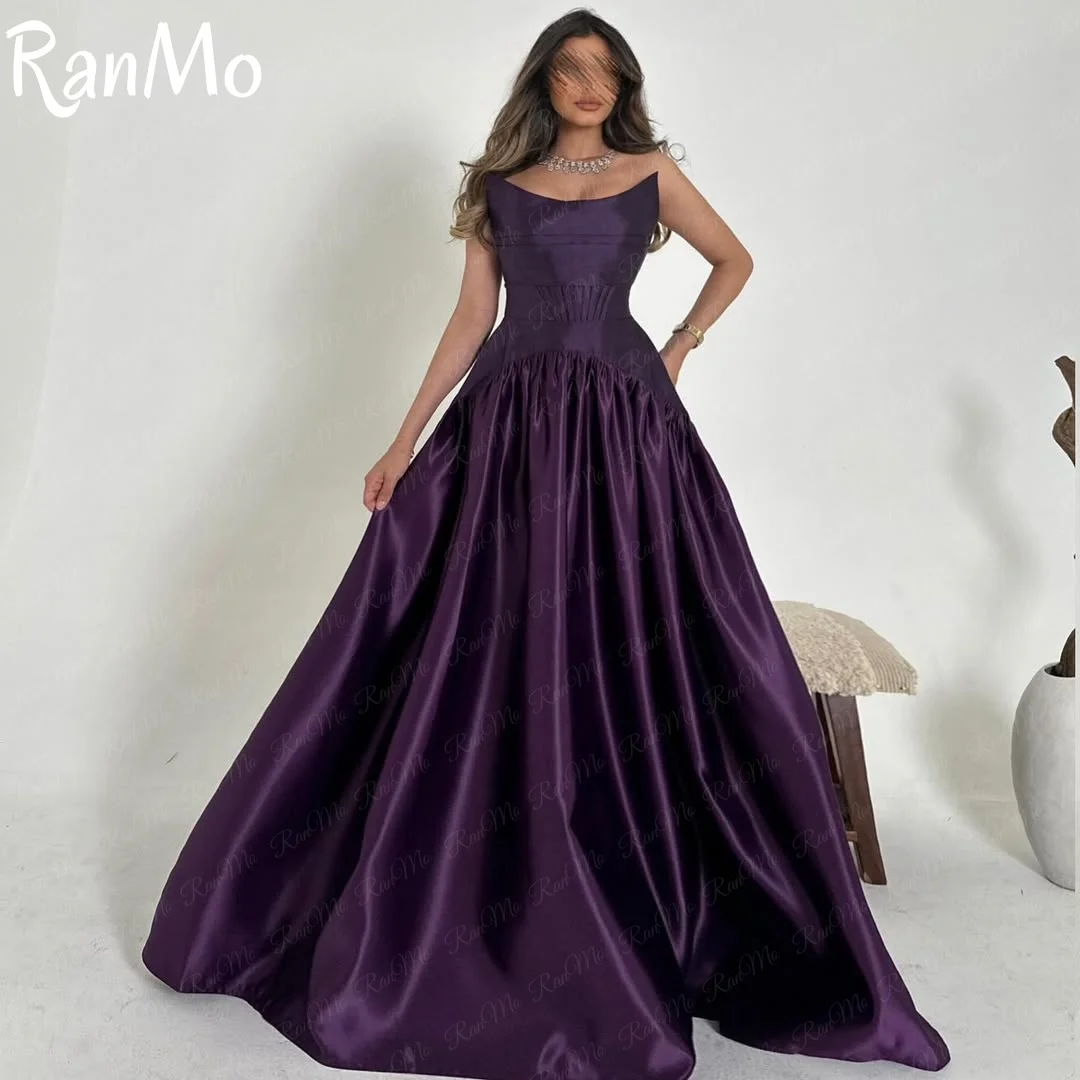 Ranmo 우아한 딥 퍼플 Strapless 파티 드레스 스퀘어 칼라 A 라인 Pleats de fiesta 새틴 백 지퍼 바닥 길이فساتين سهرة