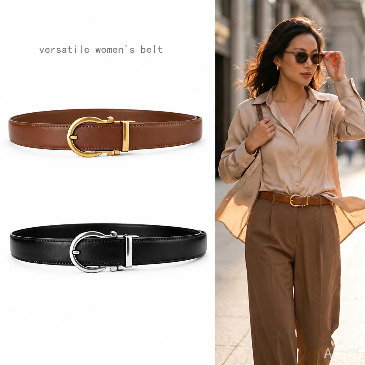 Women Genuine Cowhide Automatic Belt D‑Shape Metal Buckle No‑Hole Trimmable Fashion Decor Waist Belt For Daily Wear