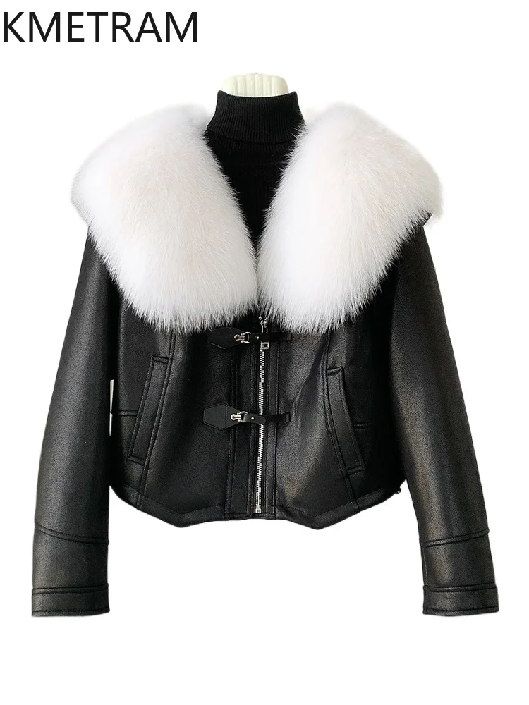 KMETRAM 100% Natural Fox Fur Collar Discount Coat for Casual Style Fashion Short Winter Coat for Women 2025 Winter manteau femme