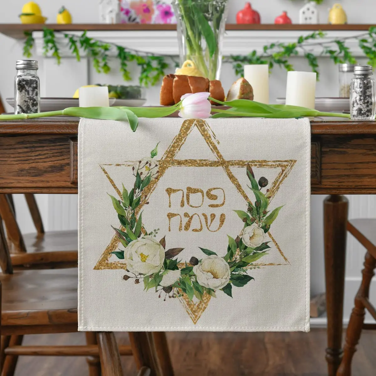 Spring Hexagram Flowers Passover Linen Table Runner Party Decoration Washable Dining   for Kitchen  Decor