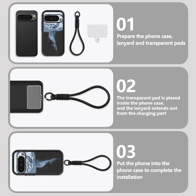 Humpback Whale Print Wrist Strap Lanyard Case For Google Pixel 10 9 8 7 Pro 9A 8A 7A Pixel 9 10 Pro XL Soft Silicone Phone Cover view 6