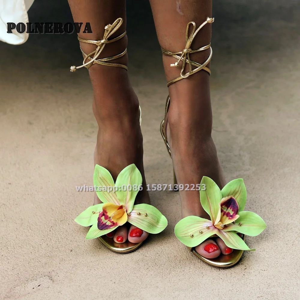 

Flower Ankle Strap Sexy Sandals Round Toe Stiletto Slingback Side Air Sweet Women High Heels Vacation Beach Shoes 2024 Summer