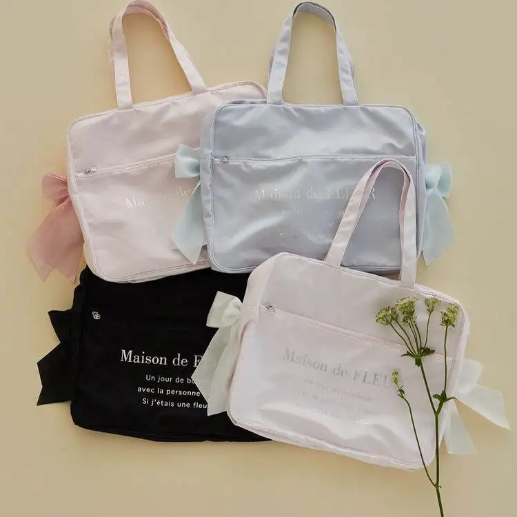 Japanese Bags Women 2025 New Silver Letter Cute Double Bow Satin Travel Bag Large Capacity Tote Bag Can Be Used As A Suitcase