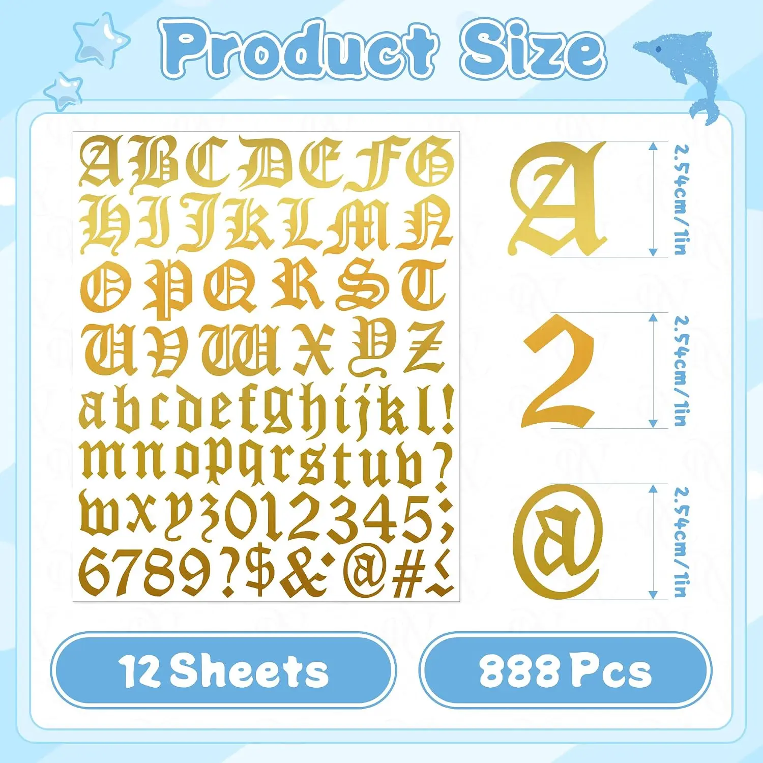 888Pcs 1 Inch Gold Letter & Number Stickers, 12 Sheets Self‑Adhesive Vinyl Alphabet Stickers for Poster Board, Scrapbooking