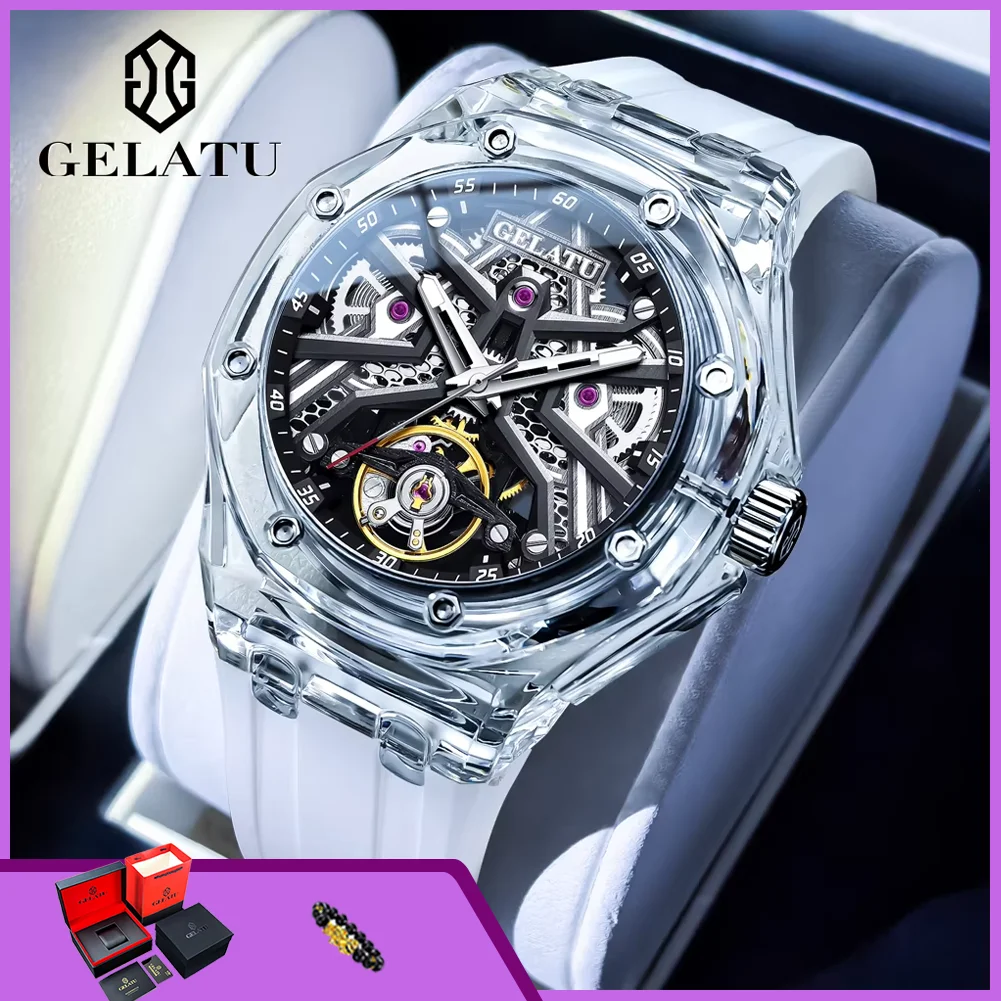 

Мужские автоматические часы GELATU 8002: модные, люксовые, с прозрачным корпусом, скелетонизированным механизмом и оригинальным силиконовым ремешком