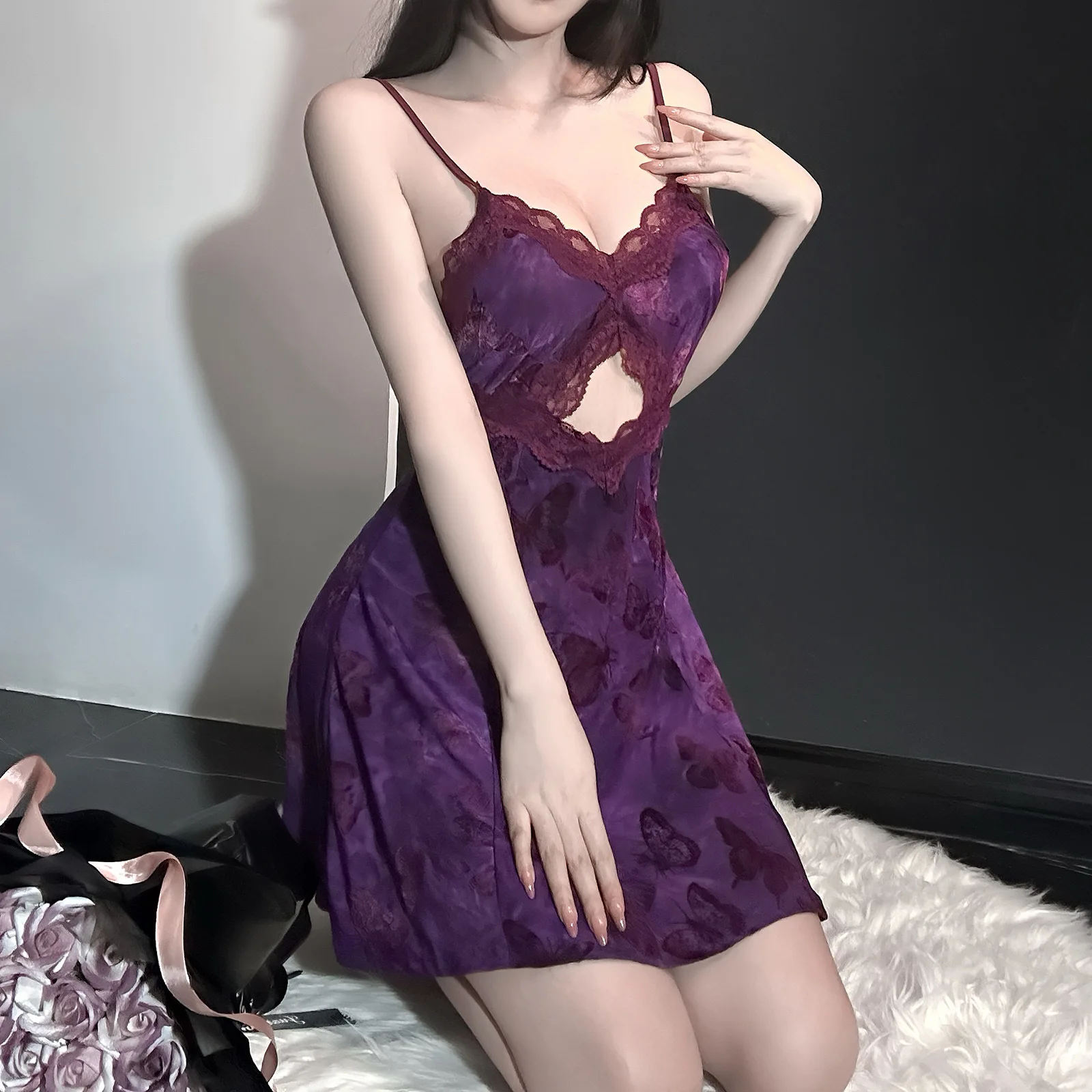 Seksowna koronkowa koszulka nocna dla kobiet z głębokim dekoltem w kształcie litery V, bez pleców, elegancka bielizna nocna typu teddy babydoll