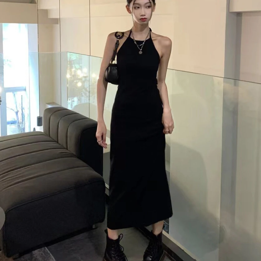 Summer Dress Women Hot Girl Elegant Halter Backless Slim Simple Famous Lady Korean Style Sundress Midi Streetwear Vestidos Ins