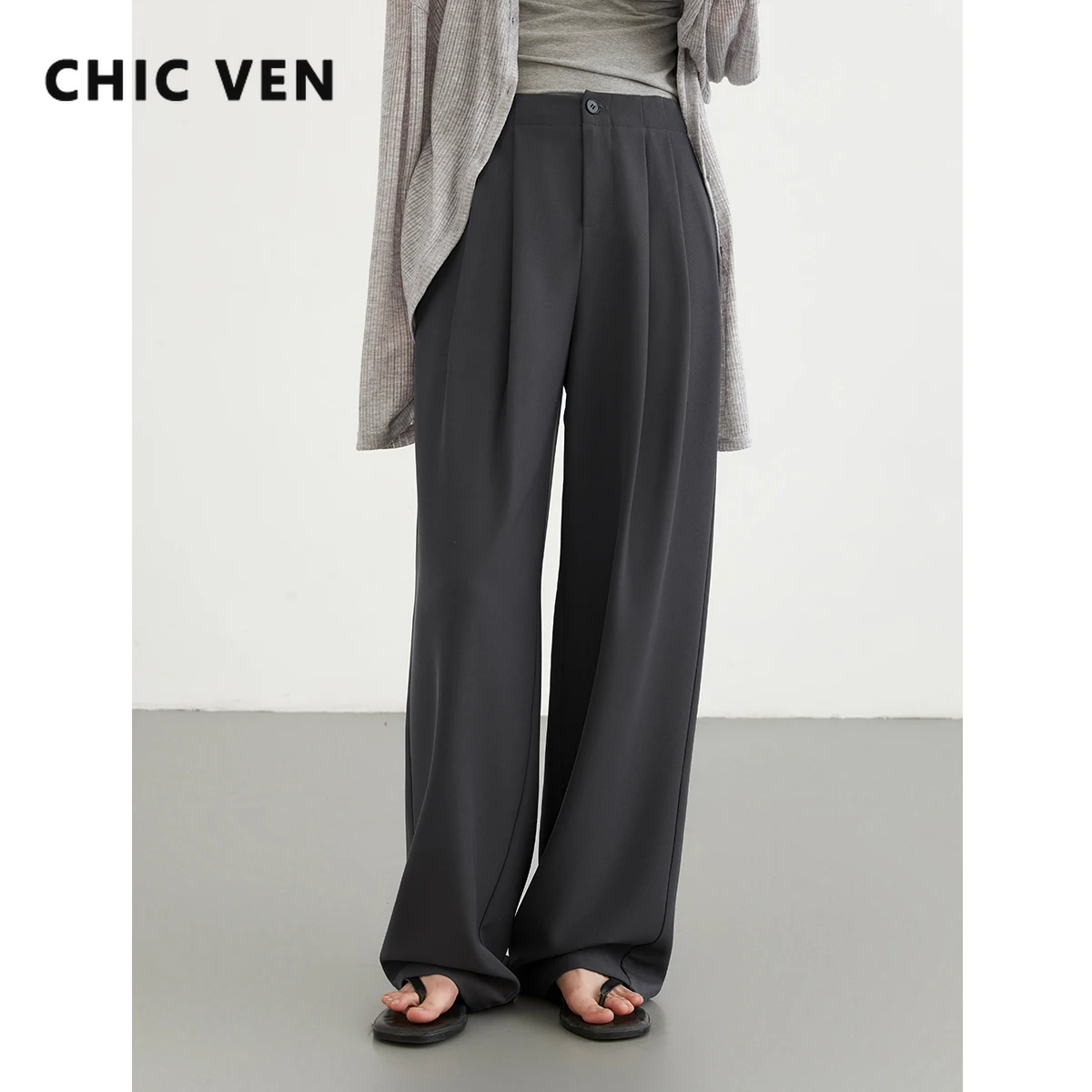 CHIC VEN Women Pants New Casual High Waisted Female Pleated Trousers Drooping Wide Leg Long Pant Office Lady Spring Summer 2024