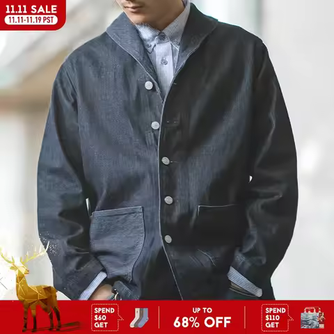 Maden Lapel Jeans Jacket 13.5 Oz Multi Pockets Coat Men’s Vintage Deck Workwear Denim Shirts Quality Fashion Clothes For Male