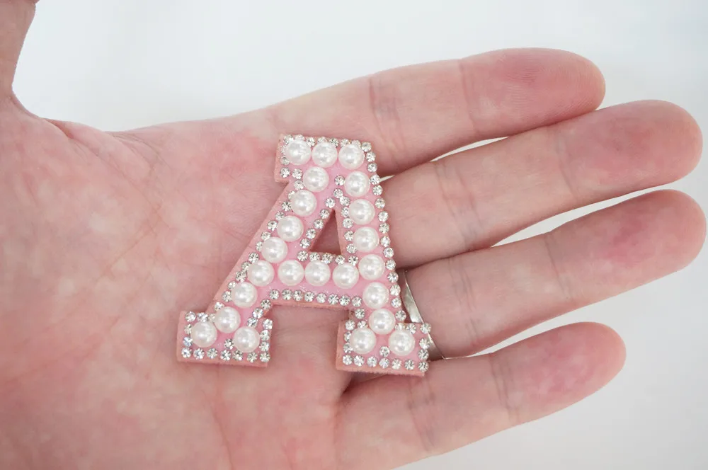 Pink A-Z Rhinestone Pearl English Letter Alphabet Iron Sew On Patch Badge 3D Handmade Patches Bag Hat Jeans Clothes Applique DIY