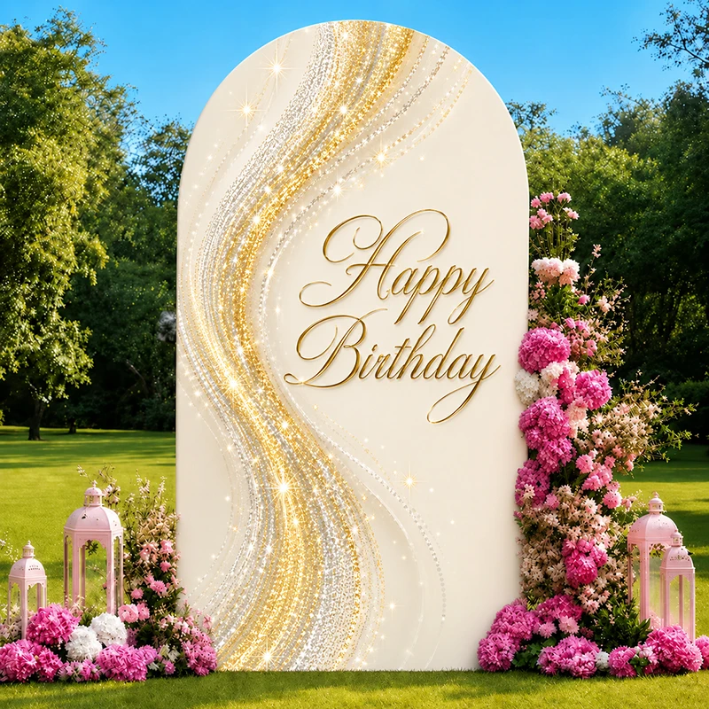 

Gold Happy Birthday Arch Backdrop Cover Spandex Fabric for Birthday Party Baby Shower Photo Booth Wedding Chiara Stand Decor